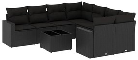 Set divani da giardino 9 pz con cuscini nero in polyrattan