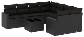 Set divani da giardino 9 pz con cuscini nero in polyrattan