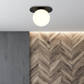 Plafoniera Minimal 1 Luce Teia In Acciaio Nero E Sfera Vetro Opale