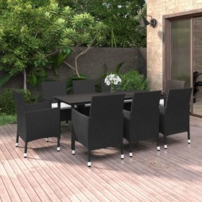 Set da pranzo da giardino e cuscini 9 pz in polyrattan e vetro