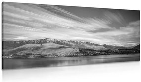 Stampa su tela – Sole al tramonto sopra il lago in bianco e nero