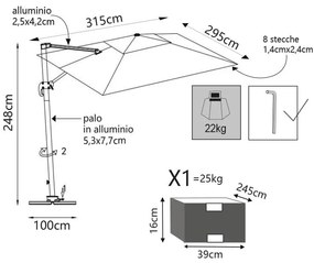 TESLA - ombrellone da giardino decentrato con led 3 x 3