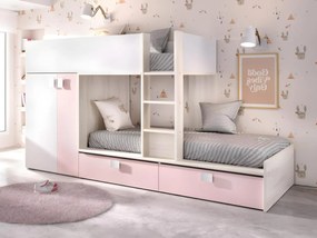 Letto a castello  2 x 90 x 190 cm - Armadio integrato - Bianco, Naturale e Rosa - JUANITO