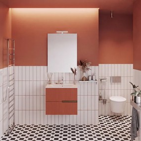 Mobile bagno Eva 60 cm, completo di lavabo in ceramica e specchio a filo con Led, 2 cassetti rovere moka e mattone cannettato.