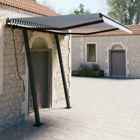 Tenda Da Sole Retrattile Manuale Con Pali 3,5x2,5m Blu E Bianca /