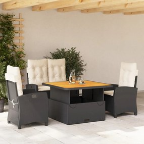 Set da pranzo da giardino 4 pz con cuscini nero in polyrattan