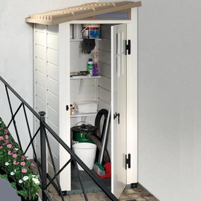 Casetta da giardino in PVC beige 1 x 1.5 m, superficie esterna 1.32 m² e spessore parete 20 mm, con pavimento e porta ad anta singola, GAROFALO Tuscnay EVO S 1 anta