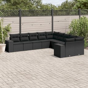 Set Divani da Giardino 10pz con Cuscini in Polyrattan Nero