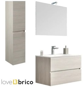 Mobile da bagno sospeso 80 cm con lavabo, colonna, specchio e led rovere grigio