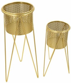 Coppia di Portavasi Eleganti in Metallo Dorato cm 21x20x46 e 18x18x32