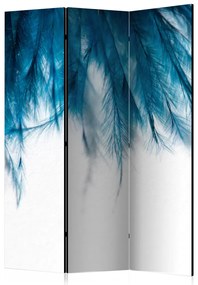 Paravento Piume Turchese II - piuma blu romantica su sfondo sfumato