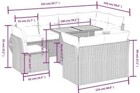 Set divani da giardino 9 pz con cuscini nero in polyrattan