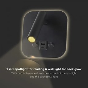 Faretto da parete LED orientabile con porta USB LED/8W/230V 3000K nero