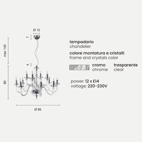 Lampada a sospensione BACH senza paralume in vetro trasparente 12 LUCI CROMO