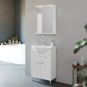 Mobile bagno a terra 55 cm Creta bianco lucido con lavabo e specchio