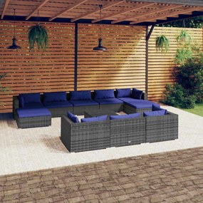 Set Divani da Giardino 11 pz con Cuscini in Polyrattan Grigio