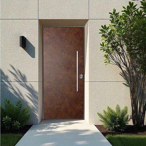 Porta blindata YALE Corten L 80 x H 210 cm in alluminio ruggine/noce, apertura spingere a sinistra, falso telaio incluso