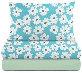 Completo letto singolo cotone fiori azzurri