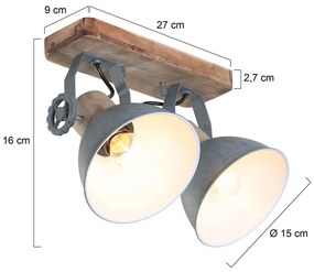 Industriële plafondspot hout met grijs 2-lichts draai- en kantelbaar - Gearwood