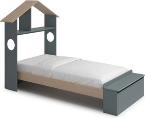 Letto da bambini a forma di casa di colore naturale/verde polveroso con effetto pino con contenitore con rete inclusa 90x190 cm Odessa – Marckeric