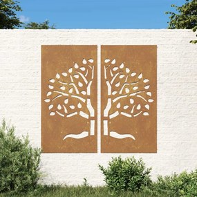 Decorazioni Muro Giardino 2 Pz 105x55 Cm Albero Acciaio Corten /