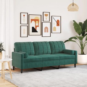 Divano A 3 Posti Con Cuscini Verde Scuro 180 Cm İn Velluto /