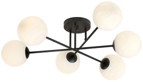 Plafoniera Moderna Morrigan 6 Luci In Acciao Nero E Sfere In Vetro Bianco