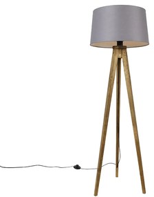 Lampada da terra rustica vintage in legno con paralume in lino grigio scuro 45 cm - Tripod Classic