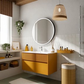 Mobile da bagno sospeso sotto lavabo Niwa 2 cassetti L 89.5 x H 50 x P 45.5 cm senape laccato opaco cannettato