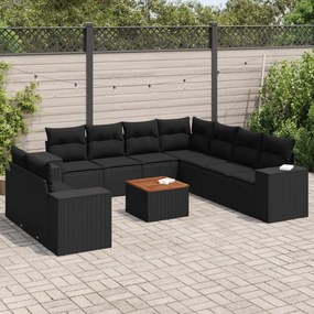 Set divani da giardino 10pz con cuscini in polyrattan nero