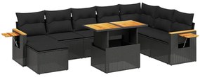 Set divani da giardino 9 pz con cuscini nero in polyrattan