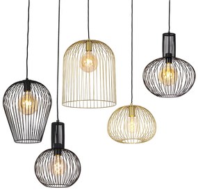 Set di 5 lampade a sospensione di design nere e dorate - Wires