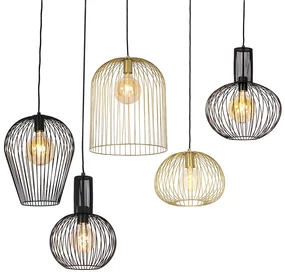 Set di 5 lampade a sospensione di design nere e dorate - Wires