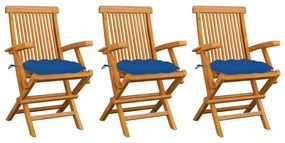 Sedie da giardino con cuscini blu 3 pz legno massello di teak