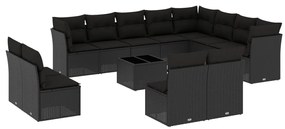 Set divani da giardino 13pz con cuscini nero in polyrattan