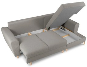 Divano angolare grigio chiaro allungabile e con contenitore (con penisola a destra/con chaise lounge) con rivestimento in bouclé Kyoto – Cosmopolitan Design