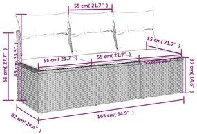 Divano da Giardino con Cuscini 3 Posti Grigio in Polyrattan