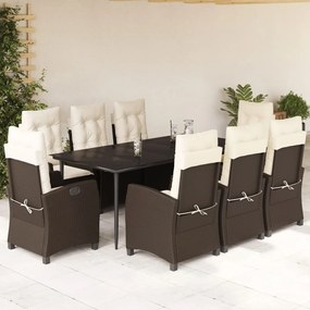 Set da pranzo da giardino 9pz con cuscini marrone in polyrattan