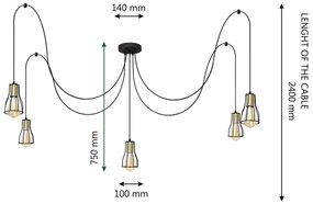 Lampadario a sospensione con filo TUBE LONG 5xE27/15W/230V nero/oro
