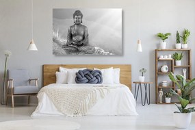Stampa su tela – Statua del Buddha in posizione meditativa in bianco e nero