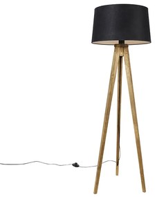 Lampada da terra vintage a treppiede rustico in legno con paralume in lino nero 45 cm - Tripod Classic