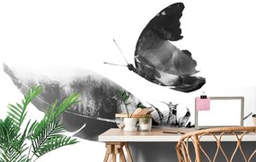 Carta da parati – Piuma con farfalla in bianco e nero