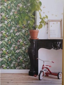 Carta da parati Fiori e foglie tropicali verde, 46.5 cm x 8.37 m