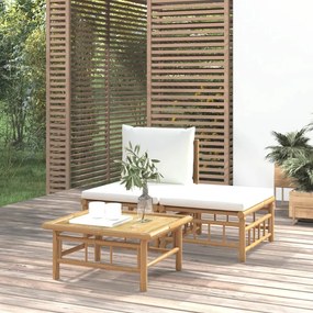 Set Salotto da Giardino 3pz con Cuscini Bianco Crema in Bambù
