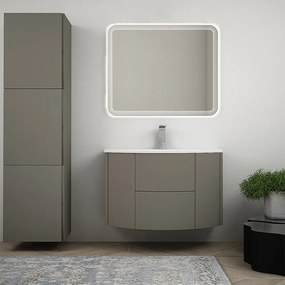 Mobile da bagno Nairobi 90 sospeso tondo Grigio talpa con specchio led e colonna da 170 cm