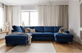 Divano letto angolare in velluto a coste blu scuro (angolo sinistro) Lofty Lilly - Miuform