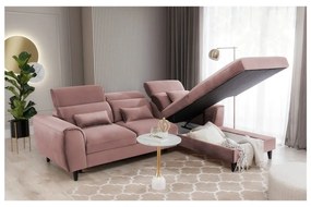 Divano angolare rosa allungabile/con contenitore (con penisola a destra/con chaise lounge) e rivestimento in velluto Foble – ELTAP