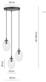 Sospensione Minimal 3 Luci Atalanta Acciaio Nero E Vetro Trasparente