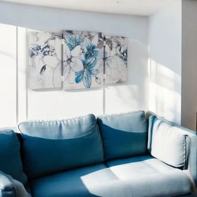 Quadro stampa su tela a TRIS 70x140 cm telaio in legno con disegno floreale Blu