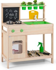 Costway Cucina fango bambini gioco lavagna fornelli rubinetto lavello utensili, Cucina vasi fiori manopole armadio legno esterno bambini 3+ anni